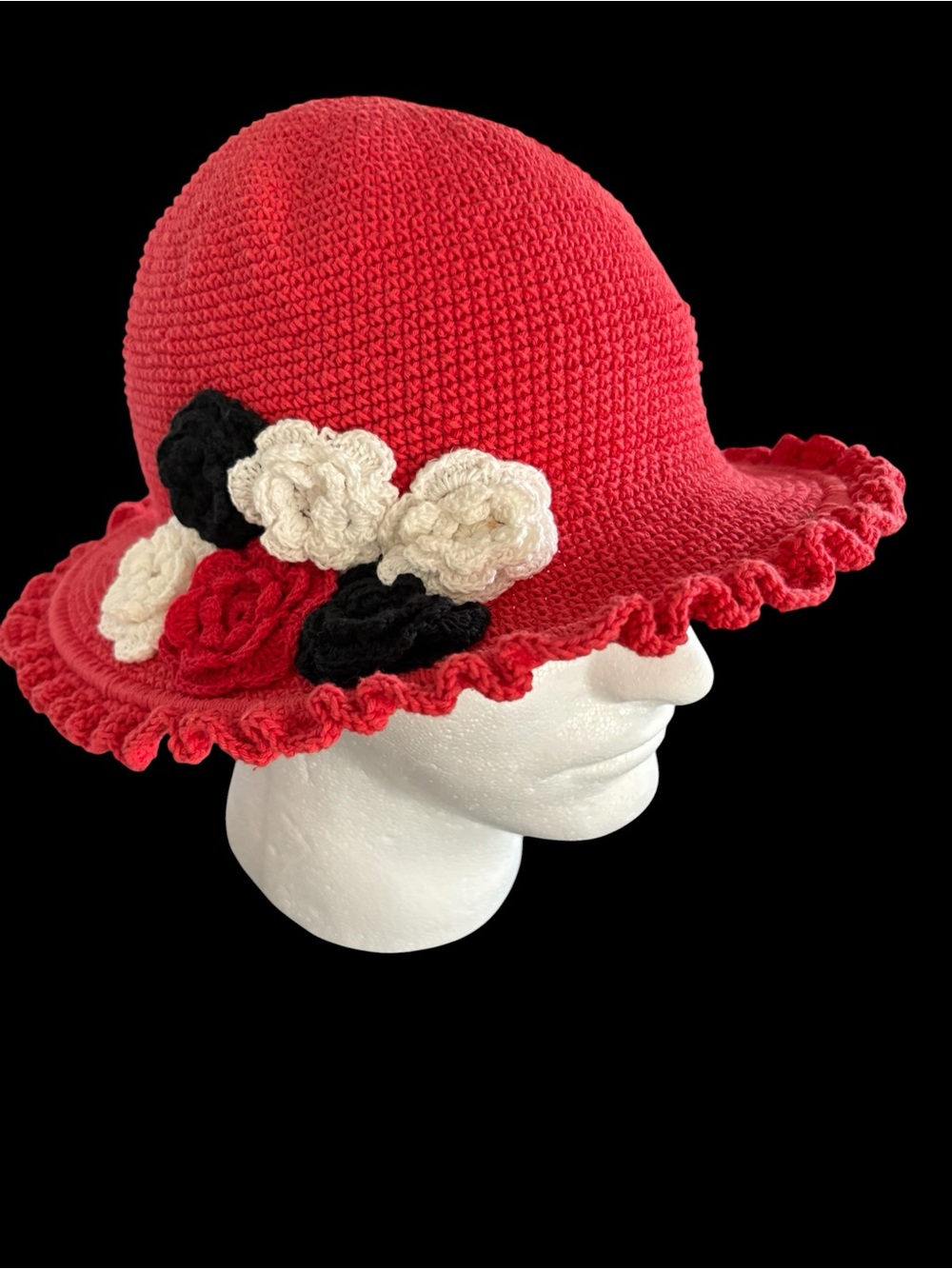 Handmade Red Crochet Ruffle Sun Hat with Floral Appliqués